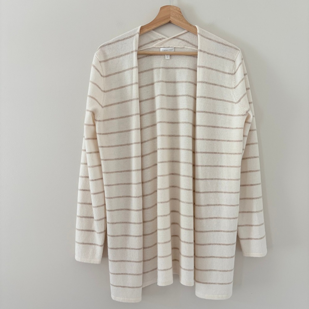 Garnet Hill Cardigan Sweater Small Cream Tan Striped 100% Cashmere Open Front